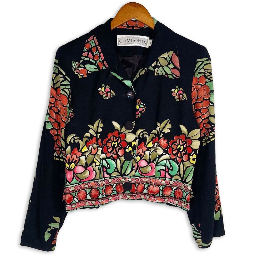 Vintage Componix Artsy Cropped Floral Jacket Blouse Made in USA Size 8 90s